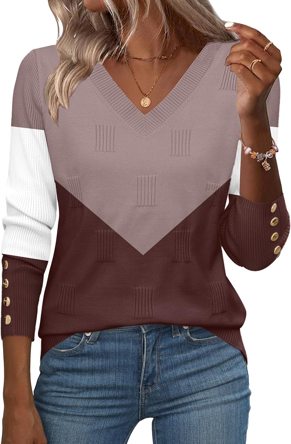 Stylish V Neck Lightweight Ribbed Knit Pullover Sweater for Women