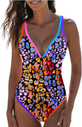 Women's One Piece Tummy Control Swimsuit Neon Color Block Deep V