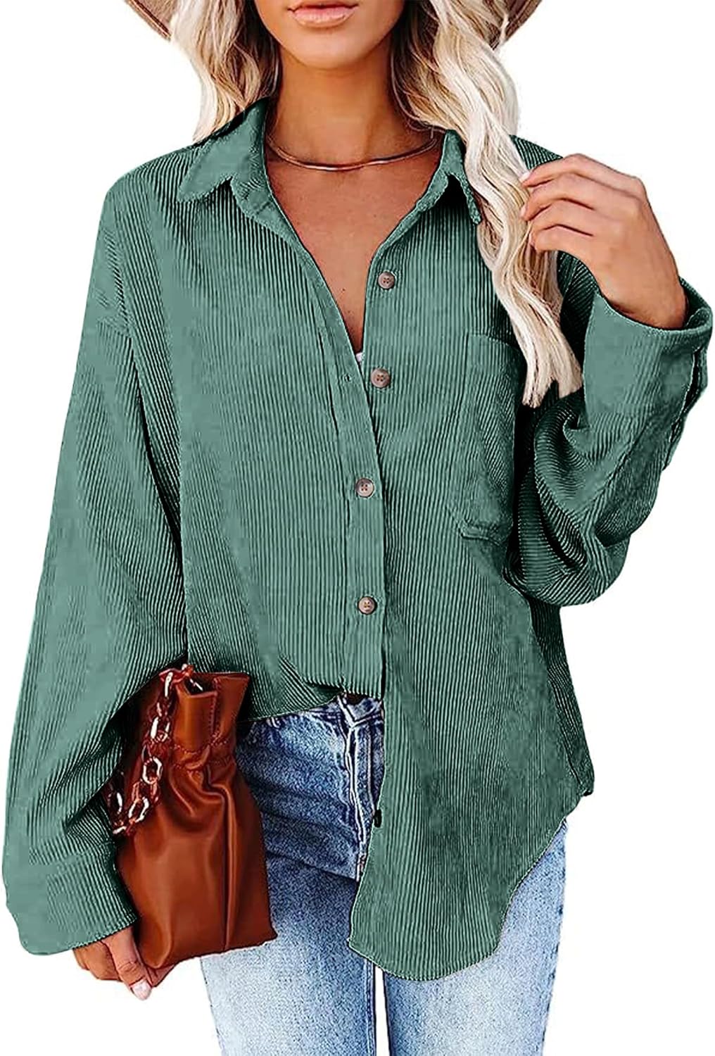 SEMARO Womens Casual Long Sleeve Button Down Corduroy Shirt