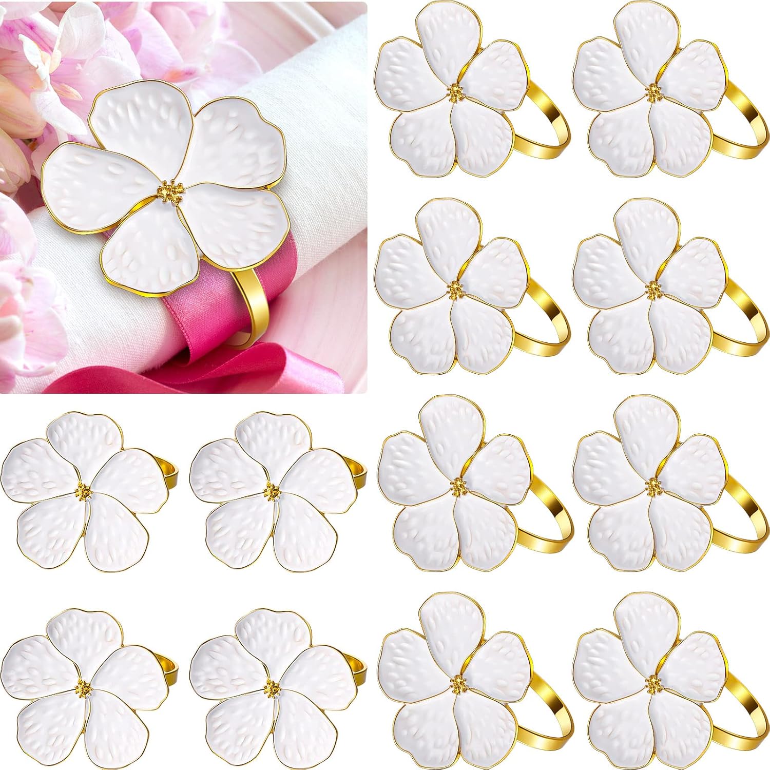 Elegant 36 Pcs White Flower Napkin Rings for Table Decor