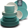 Stoneware Dinnerware Set for 8 in Green HYGGE 32-Piece - Ribbed Design