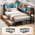 Twin Size Corner Bed Frame with Bookcase Storage and LED Lights
