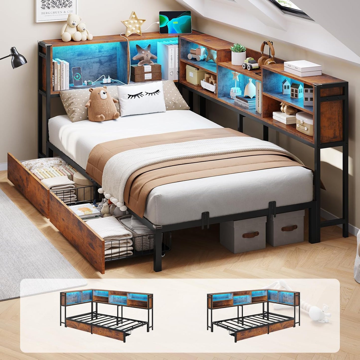 DICTAC Twin Size Corner Bed Frame with Storage and LED Lights
