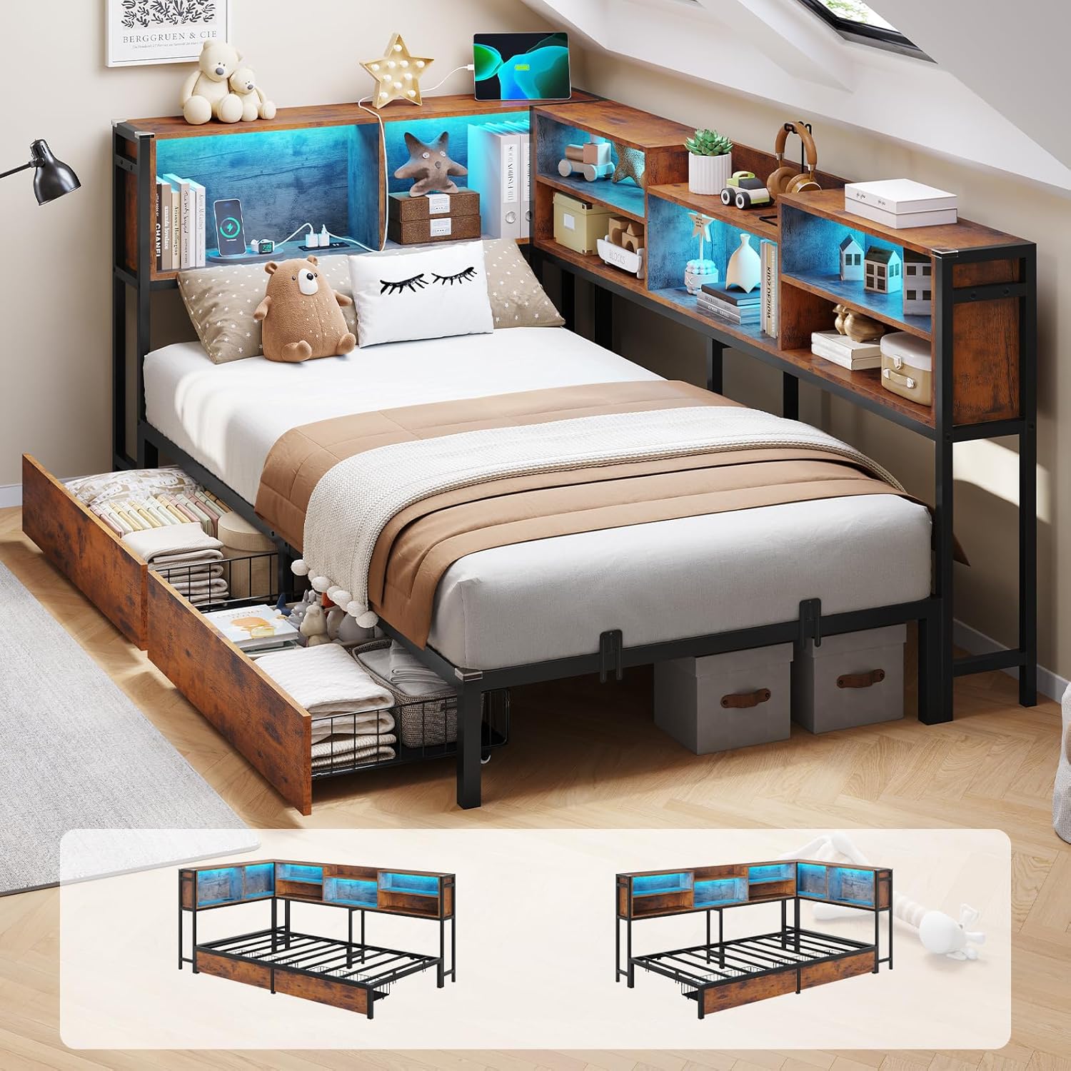 DICTAC Twin Size Corner Bed Frame with Storage and LED Lights