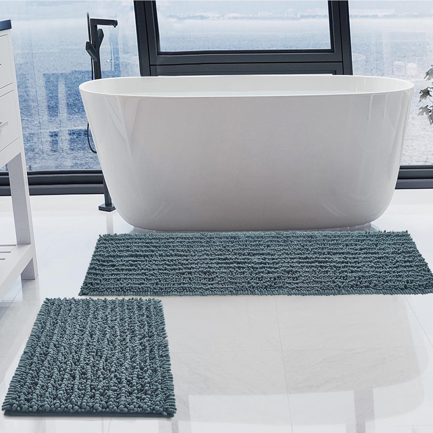 Luxury Chenille Dusty Blue Bathroom Rugs Set for Comfort