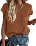 Short Sleeve Cotton Sweater for Women - Ribbed Crew Neck Vest