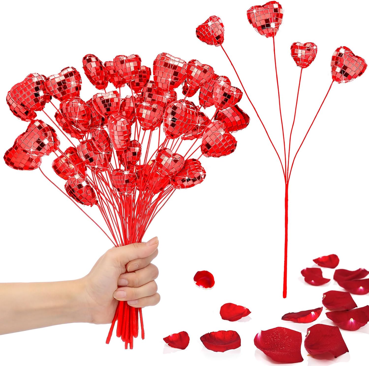 Red Glitter Valentine's Heart Stems with Mirror Disco Balls for Stunning Decor!