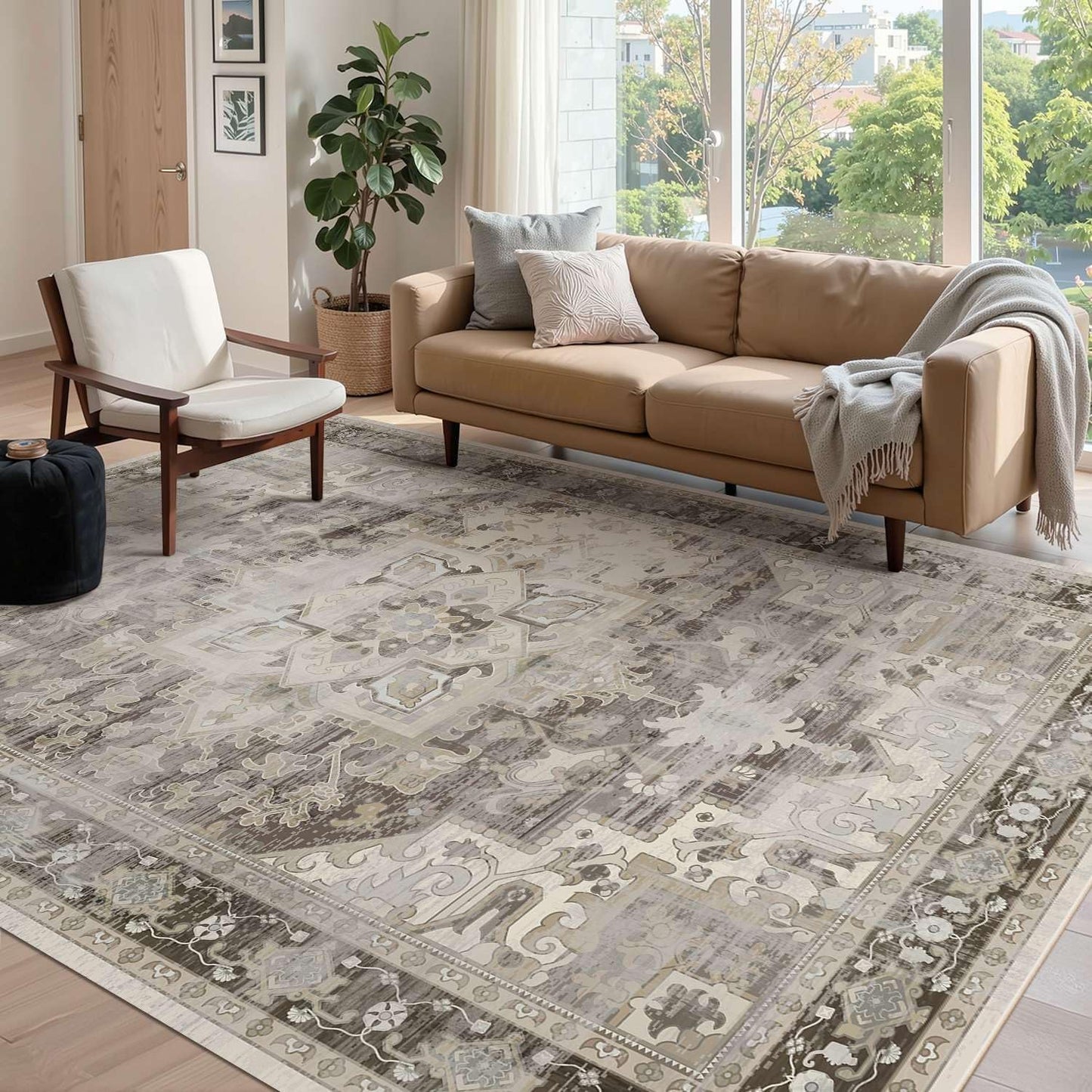 6x9 Brown Washable Area Rug for Living Room and Office Use