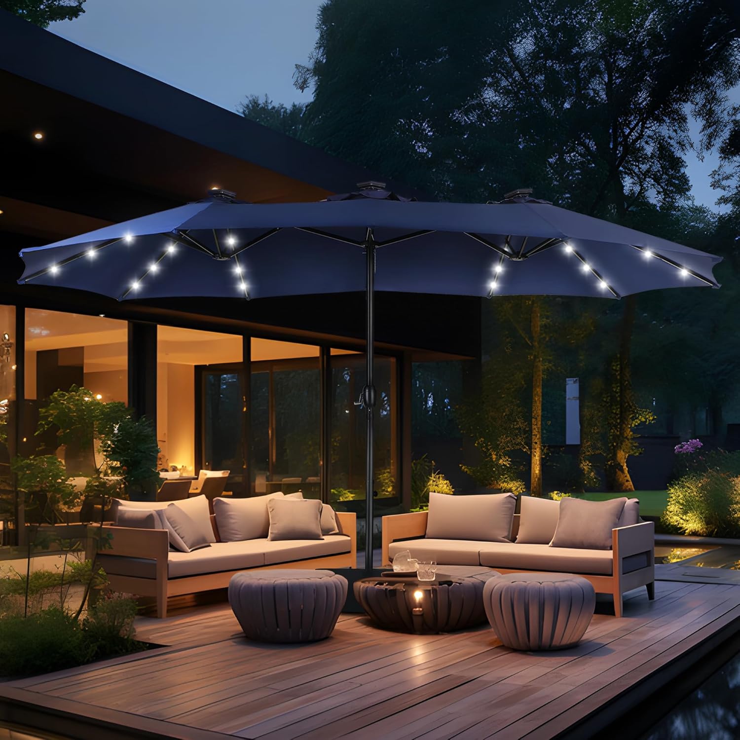 15ft Double Sided Patio Umbrella with Solar Lights for Shade
