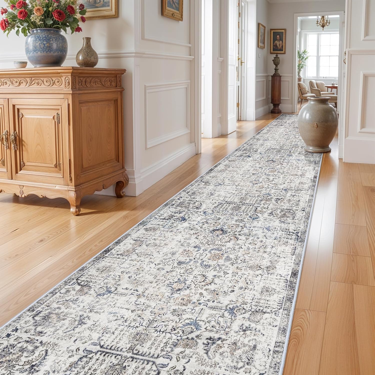 Vintage Kitchen Runner Rug - Washable 3x16 Stain Resistant Mat