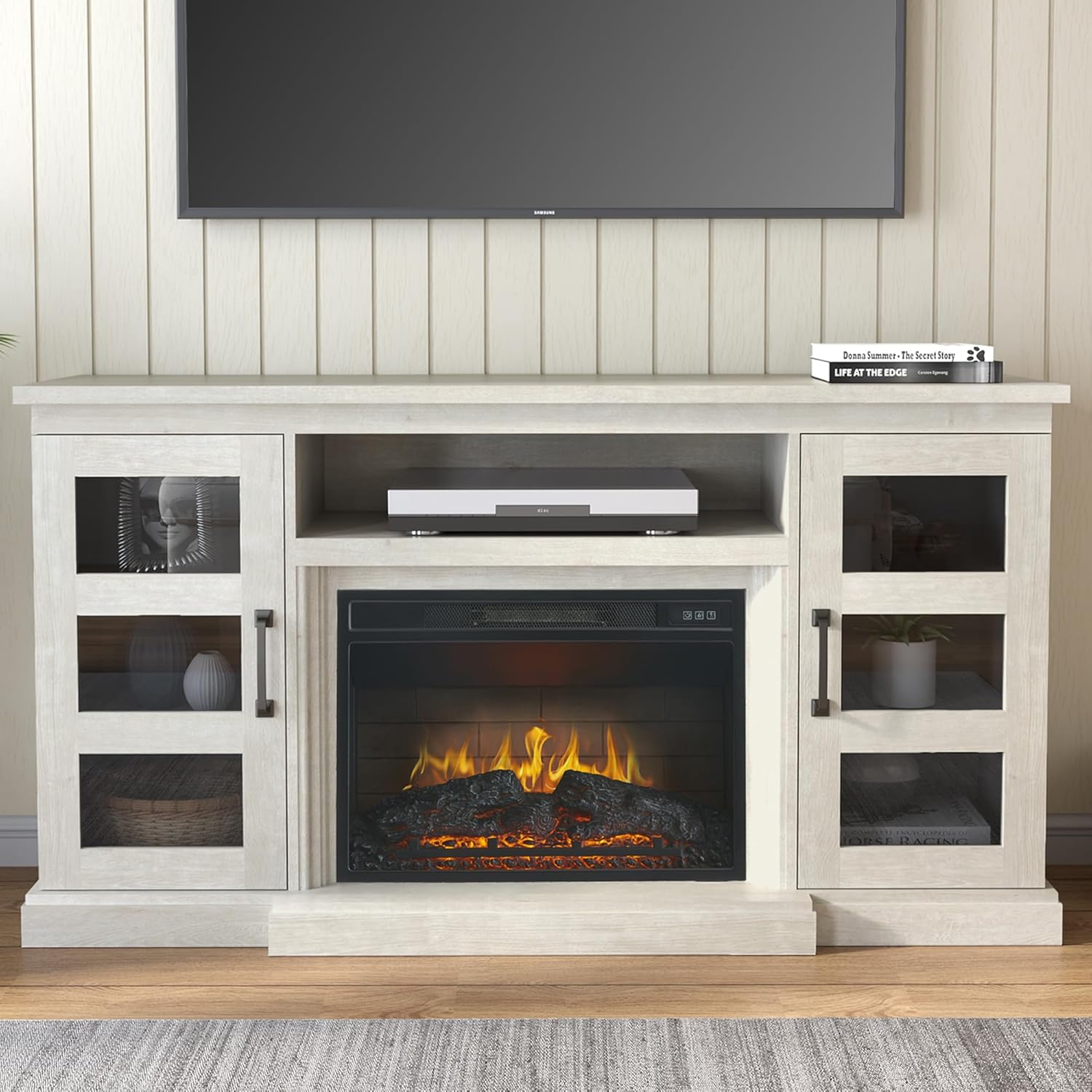 Modern White TV Stand with 3D Fireplace - Fits TVs up to 65 - Unineo