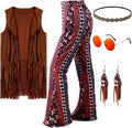 60s 70s Costume for Women - Red Fringe Vest and Flared Pants Set