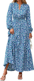 Women Boho Maxi Dress Floral V Neck Long Sleeve - Flowy Fit
