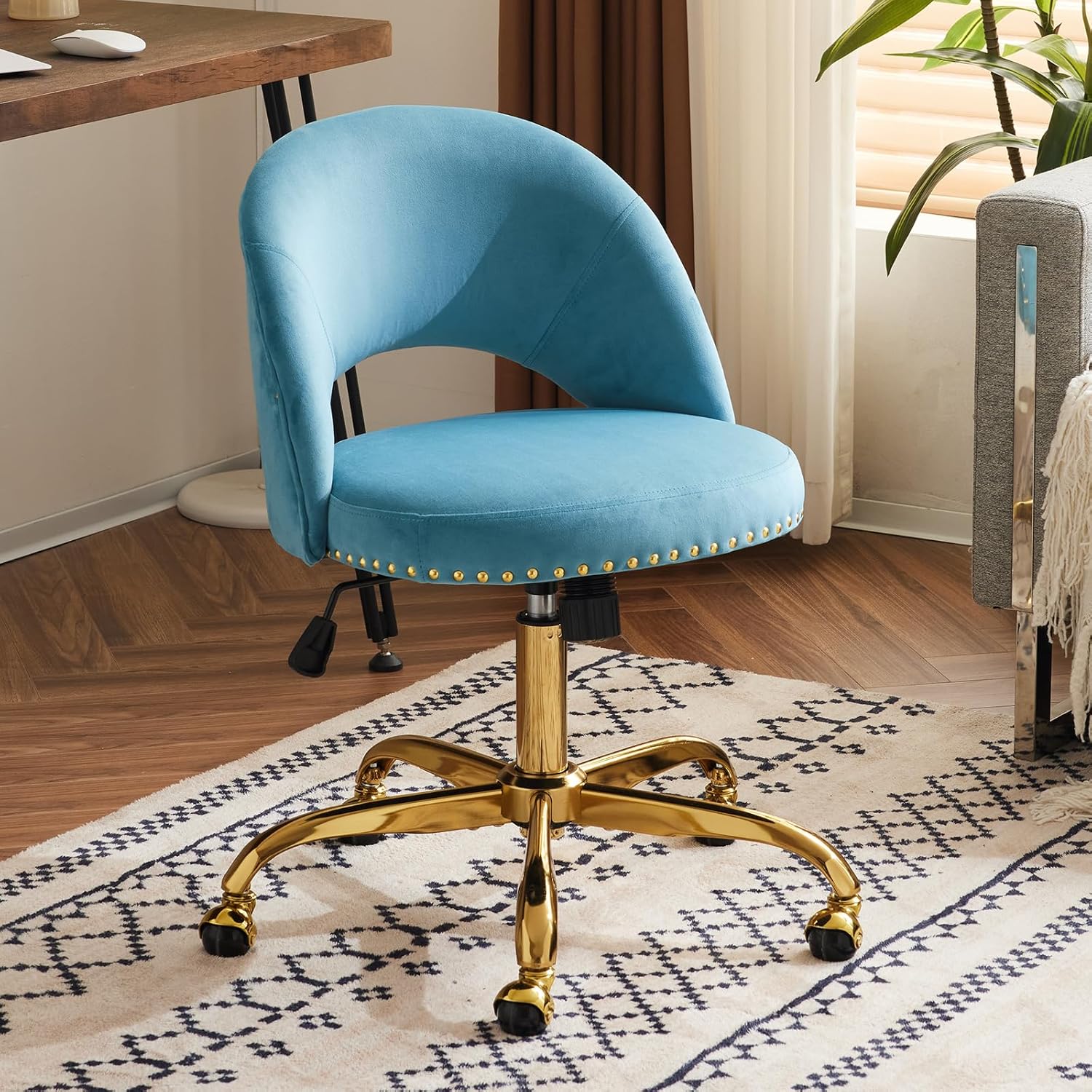 VINGLI Modern Velvet Small Office Chair with Gold Base and Wheels