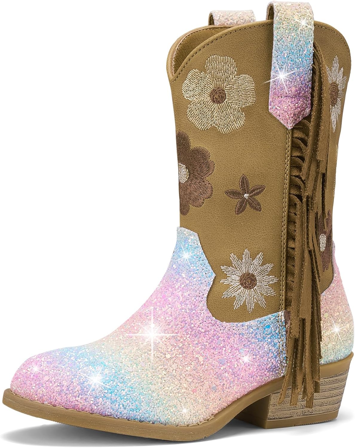 Rollda Girls Cowboy Boots with Floral Embroidery and Tassels