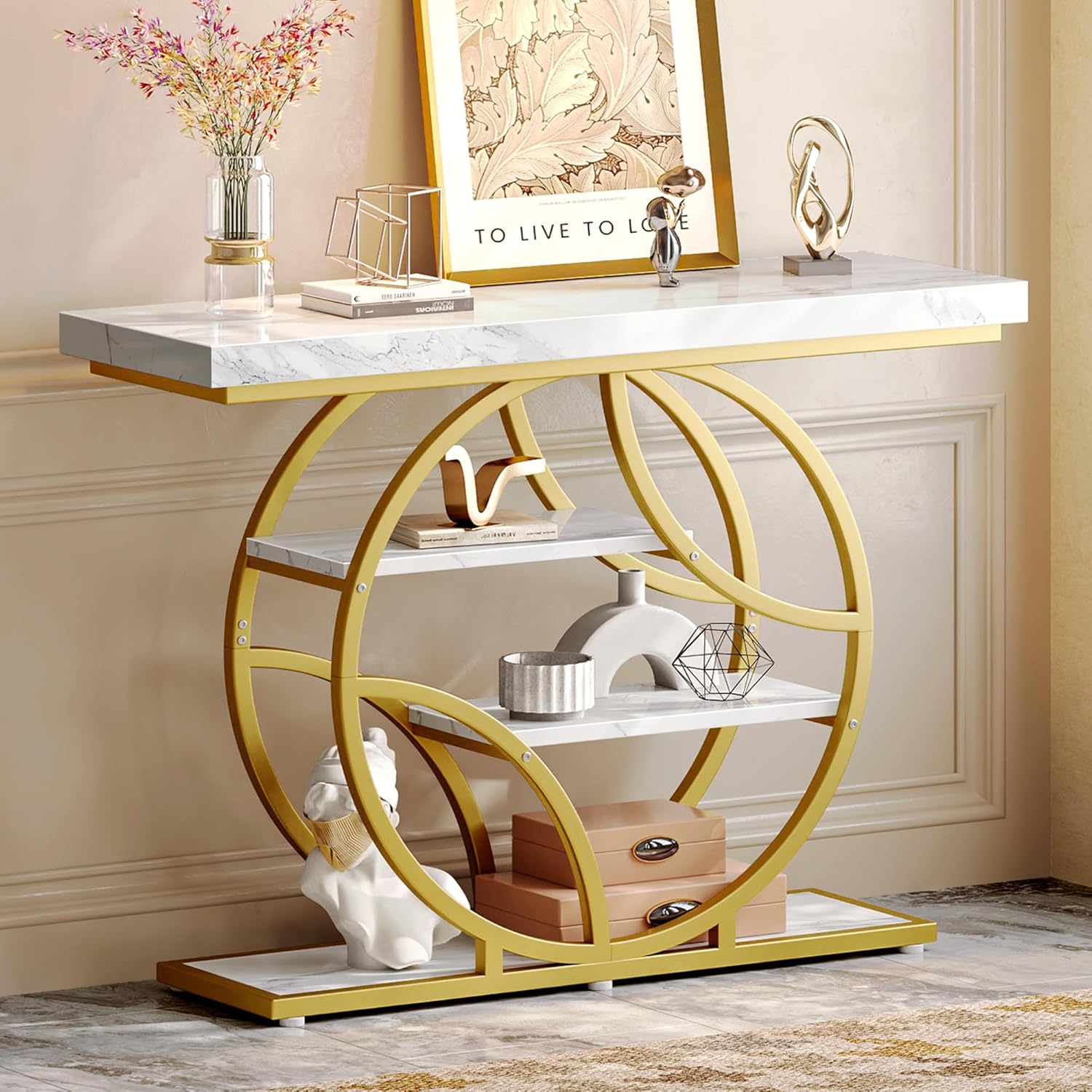 Stylish 41.3 Inch Entryway Table with Marble Top and Shelves