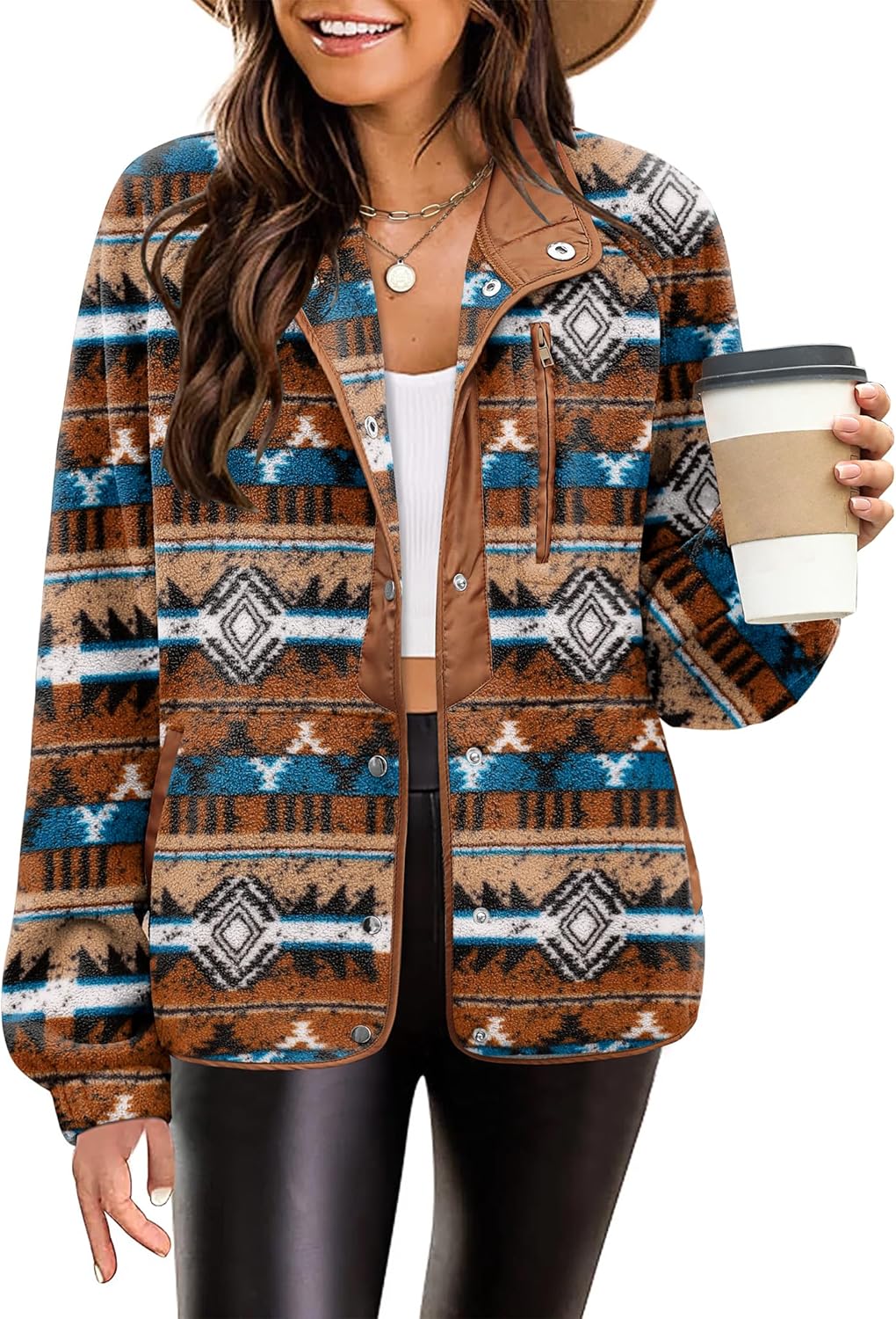 Cozy Fleece Jacket for Women with Western Aztec Print Design