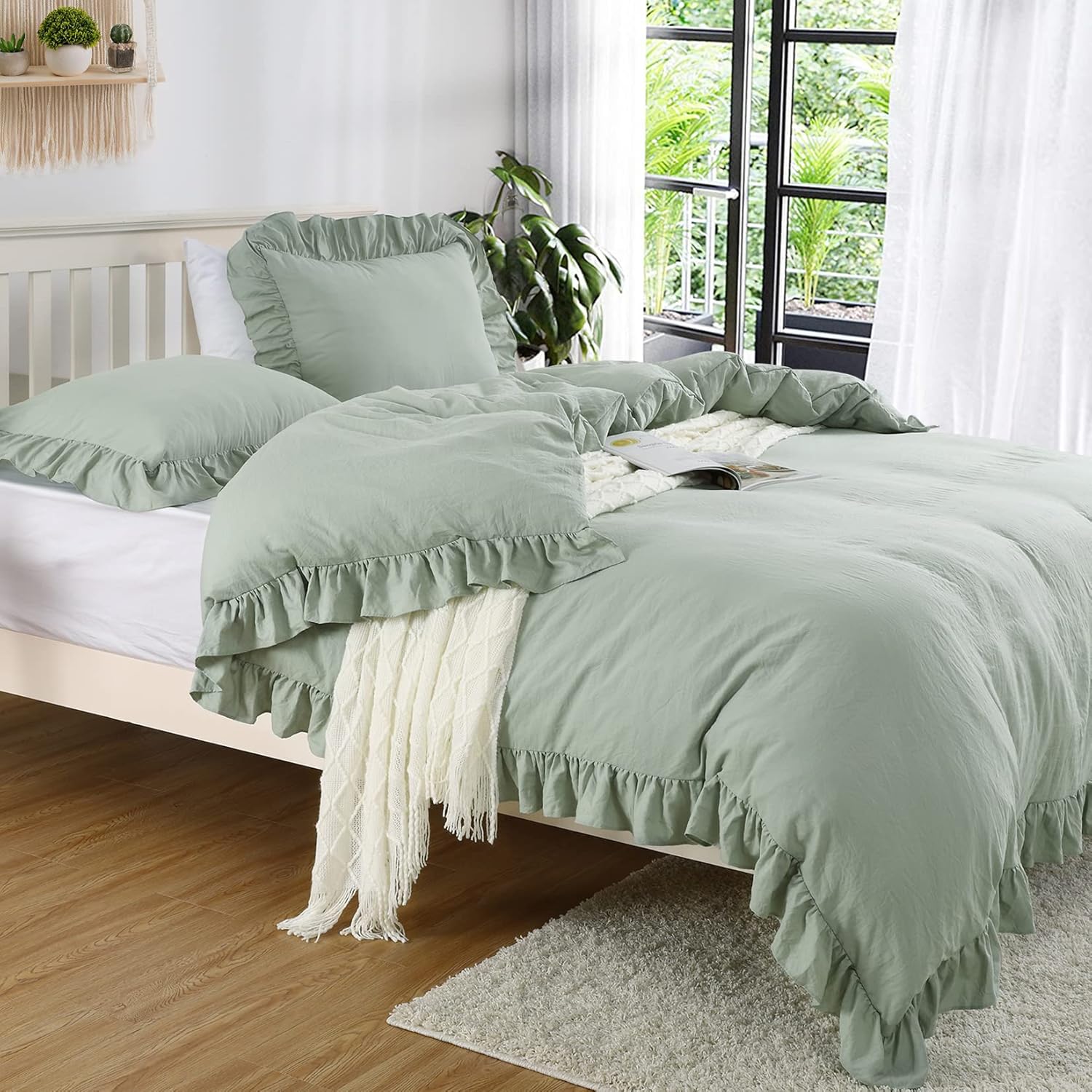 Ruffle Duvet Cover King Size Set in Sage Green for Cozy Style