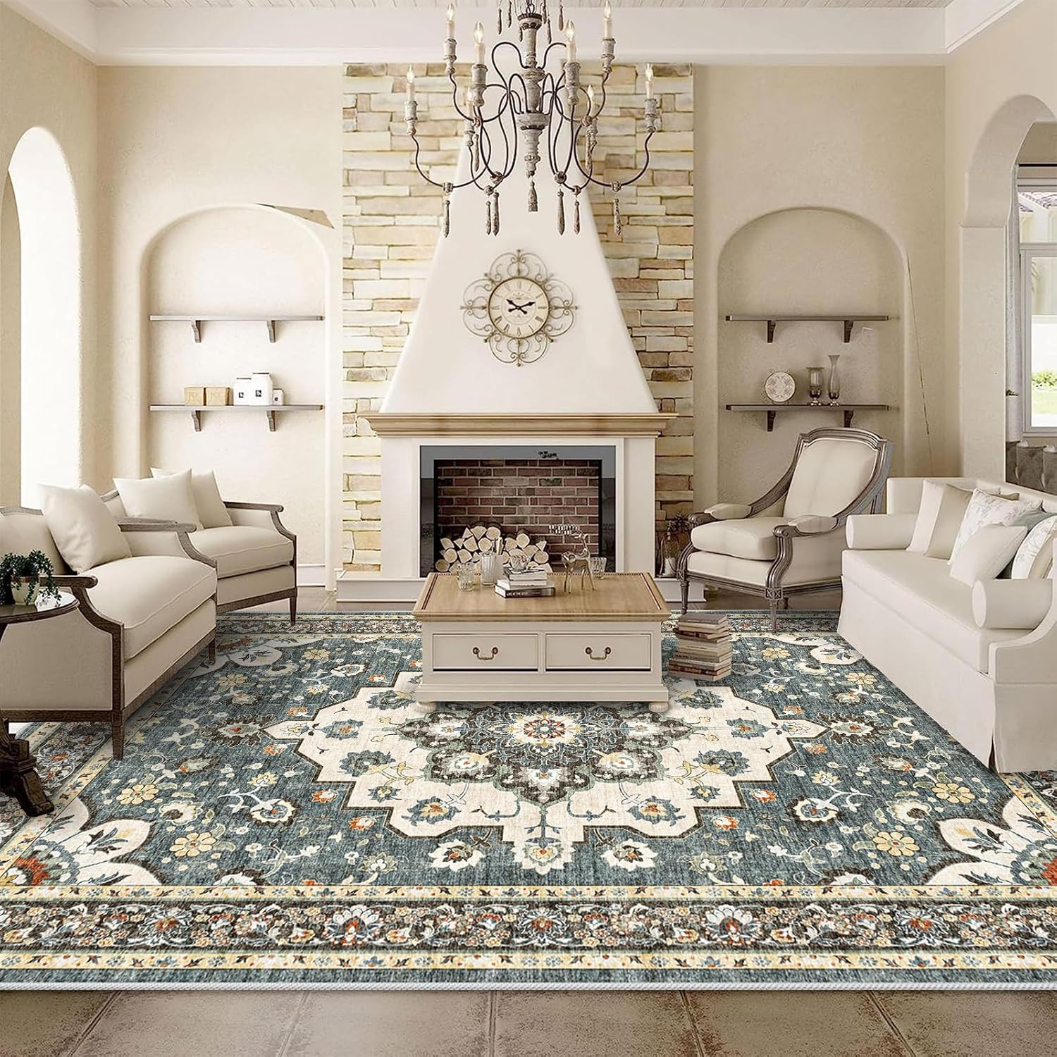 Washable Oriental Area Rug - 10x12 Soft Carpet for Living Room