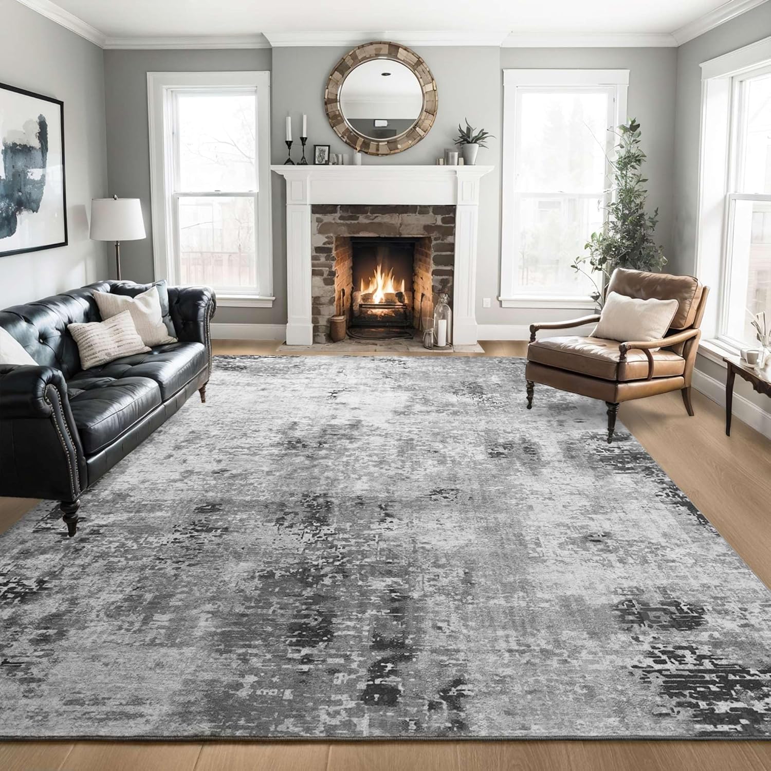 Living Room Rug 8x10 Gray Area Rug Machine Washable Abstract Style