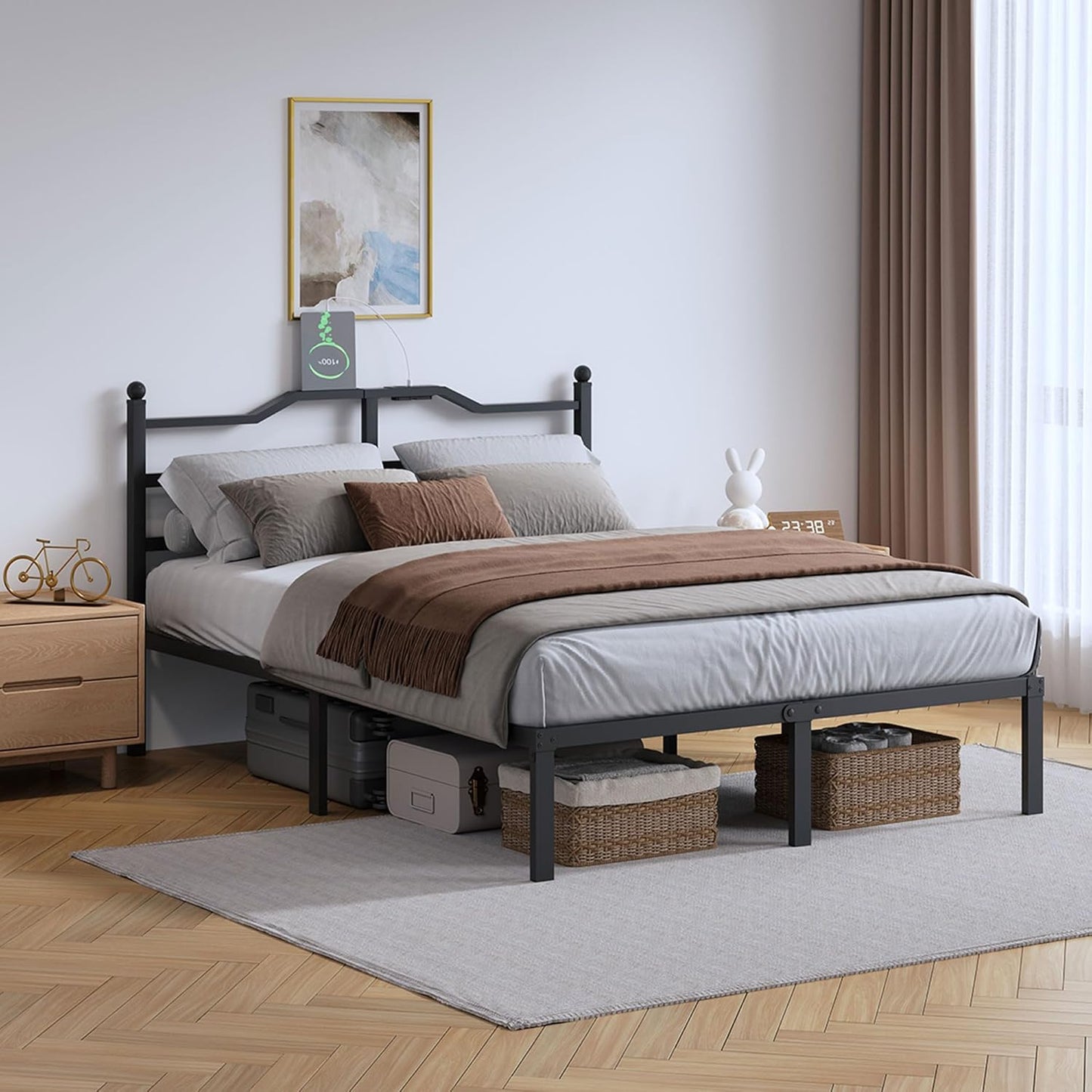 14 Inch Metal Bed Frame with Charging Station for Full Size Beds