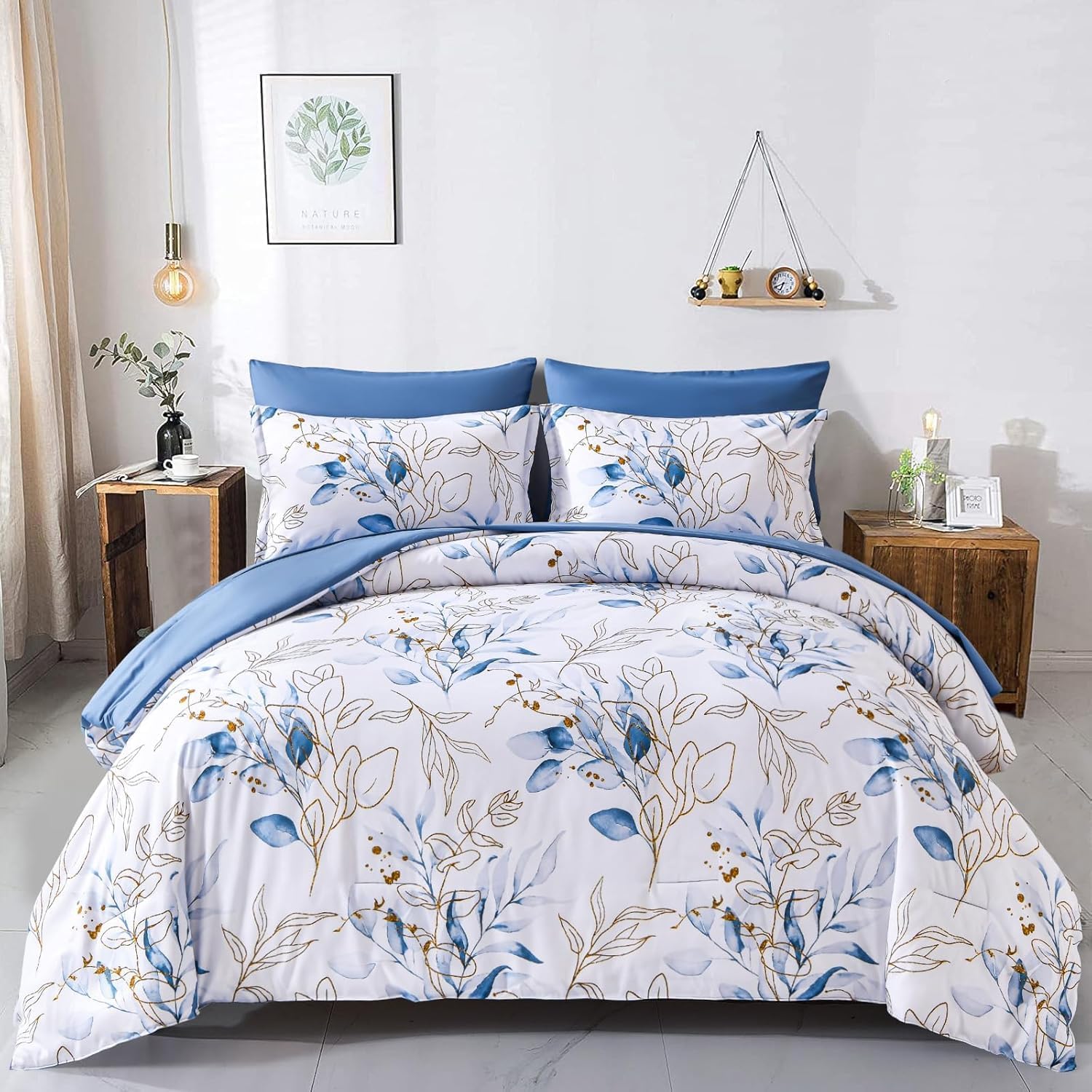 WONGS BEDDING 7 Pieces Blue Floral Bed in a Bag King Set