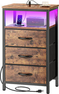 Huuger Night Stand with Charger Station and LED Lights - Rustic Brown