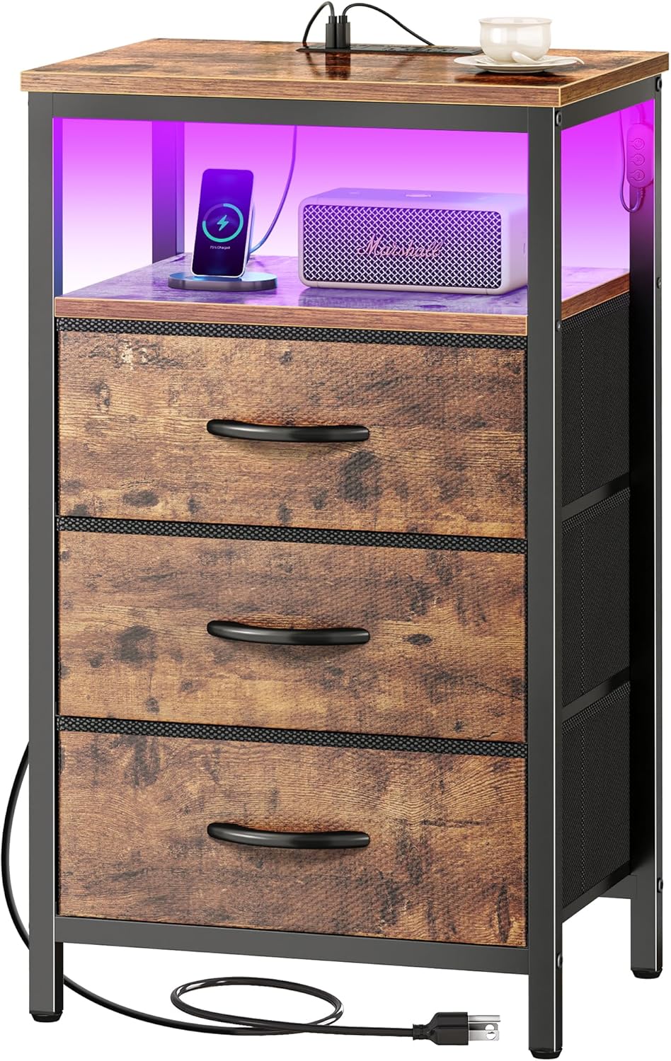 Huuger Night Stand with Charger Station and LED Lights for Bedroom