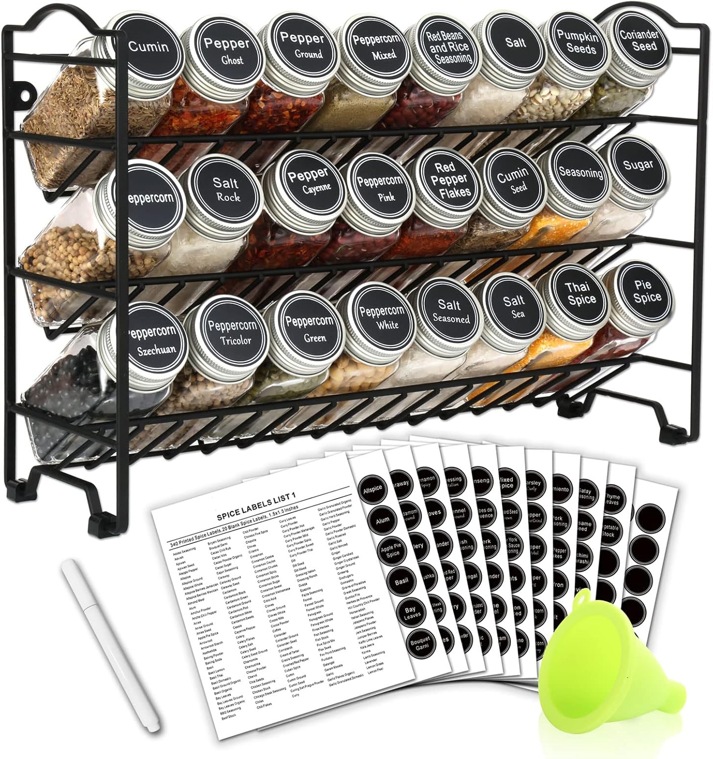 SWOMMOLY Spice Rack Organizer with 24 Glass Jars and Labels