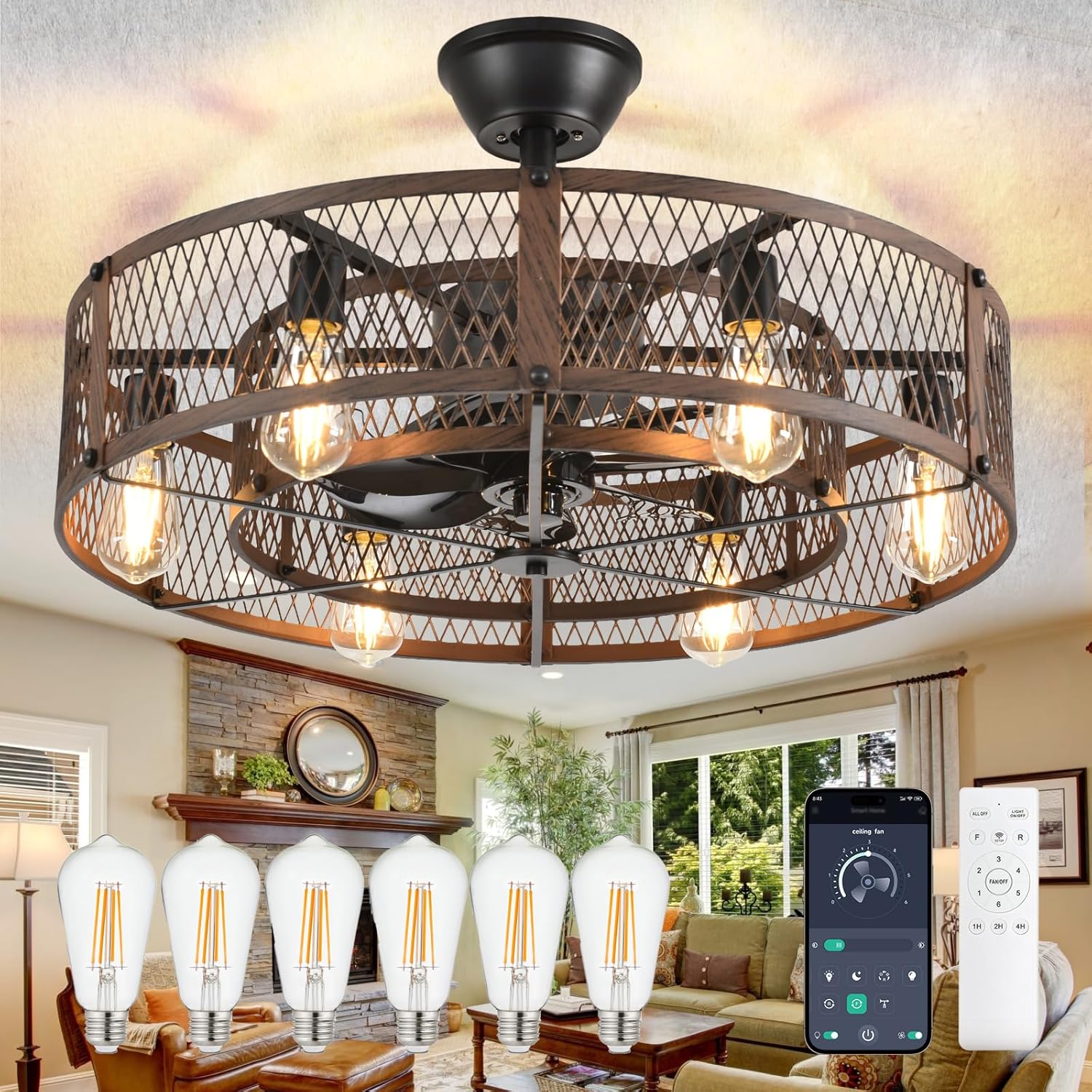 DLLT Caged Ceiling Fan with Lights: Stylish Walnut Fandelier