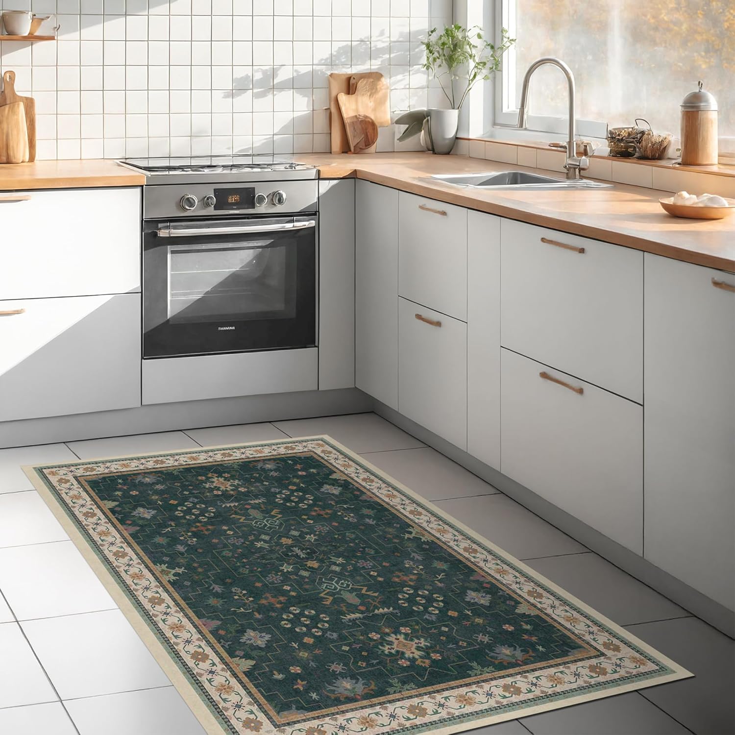 Dark Green Oushak 3x6 Kitchen Rug - Modern Vintage Boho Style