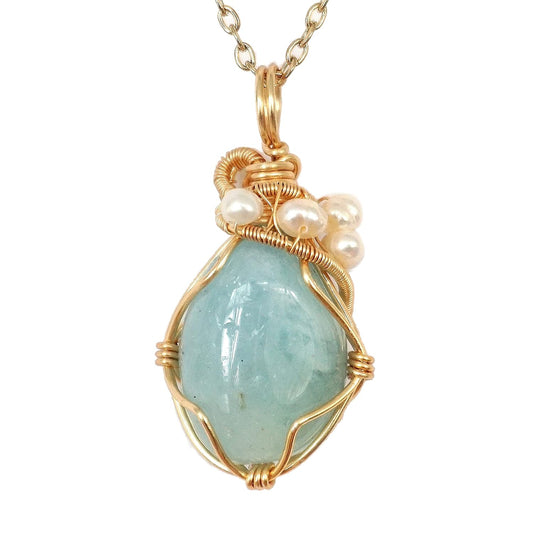 Raw Aquamarine & Pearl Necklace with 24 Inch Gold Plated Chain