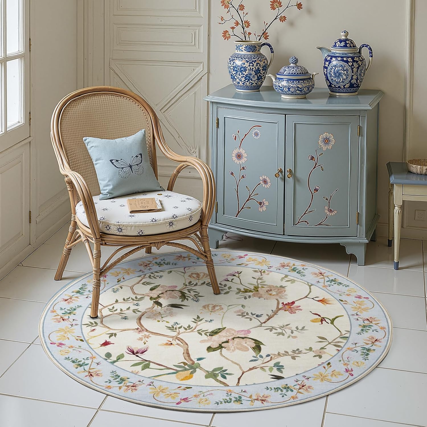 Floral Round Rug 4ft Non Slip Soft Circle Rugs for Home Decor
