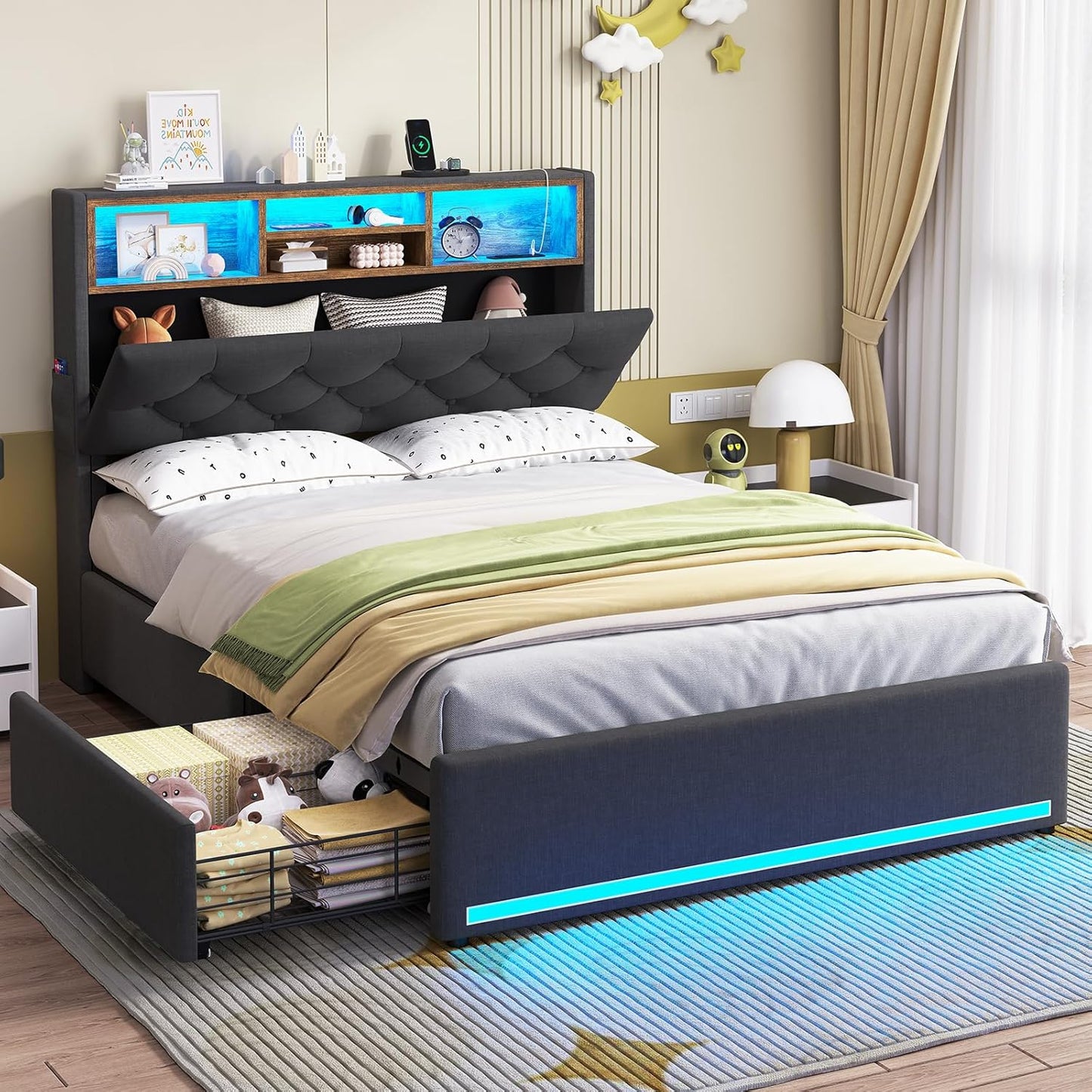 Twin Size Bed Frame with Hidden Storage & LED Lights Features
