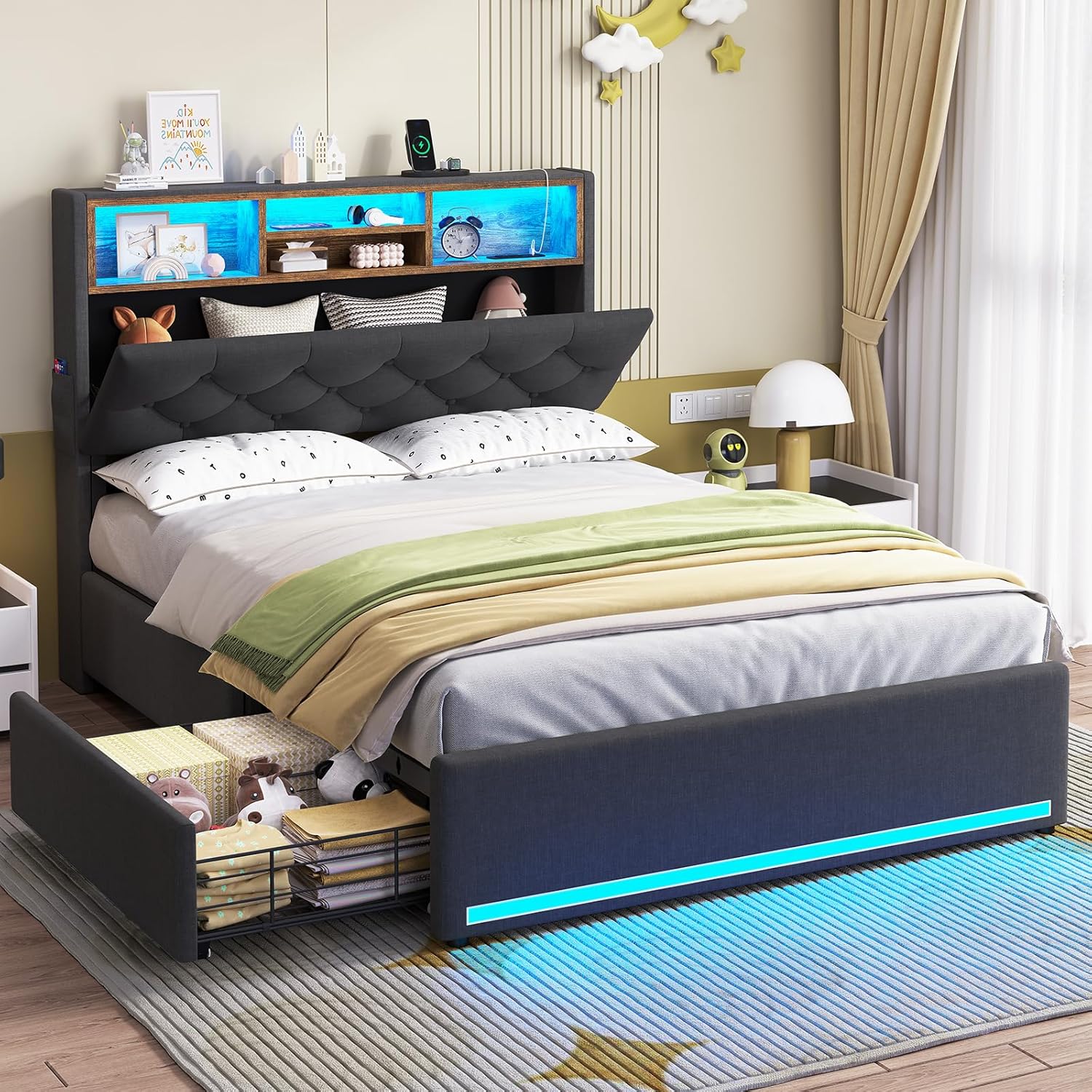 Twin Size Bed Frame with Hidden Storage & LED Lights Features