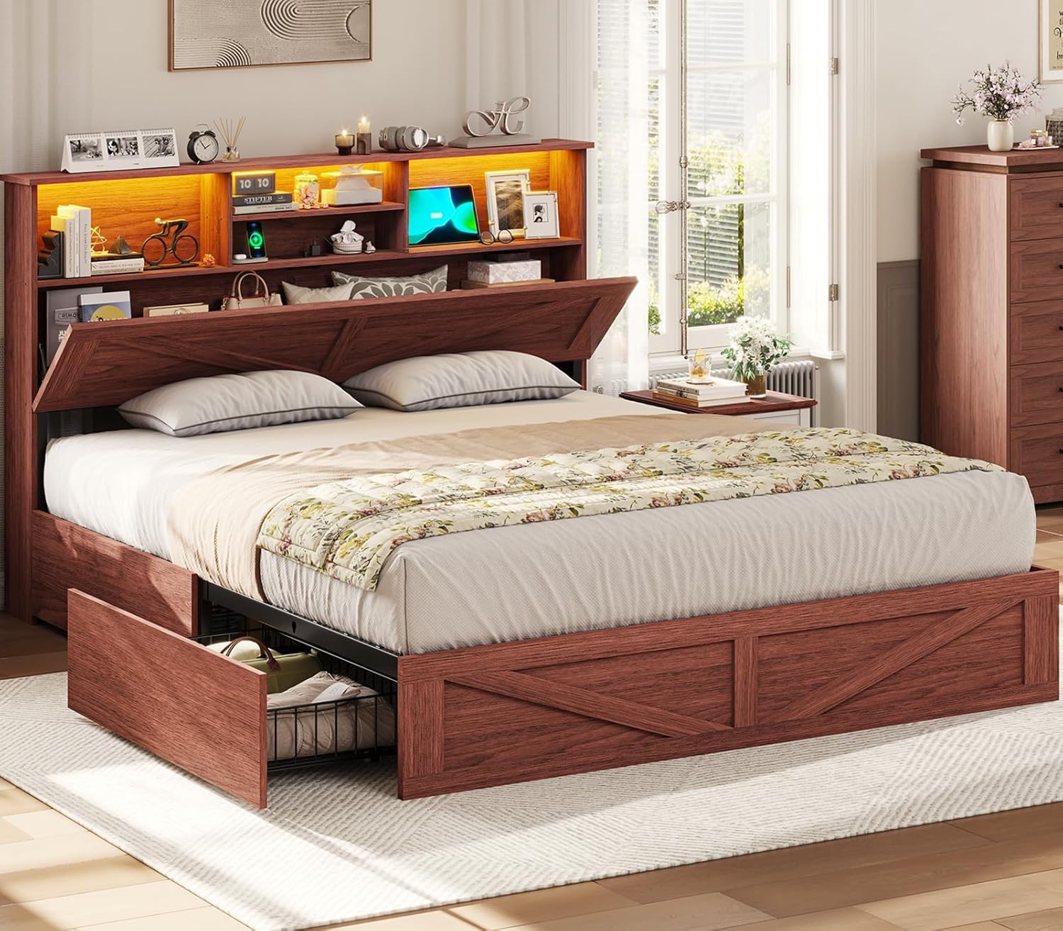 VIAGDO Farmhouse Full Size Bed Frame with Storage and LED Lights