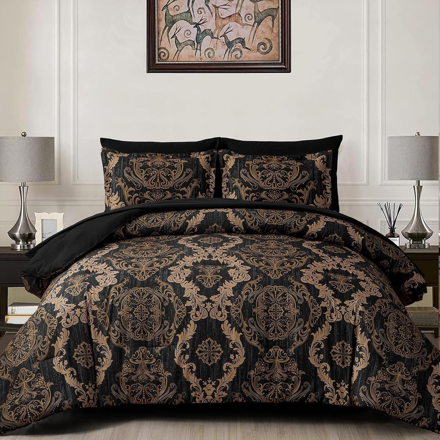 Black Gold Damask Comforter Set Full Size 7 Pieces Bedding Set