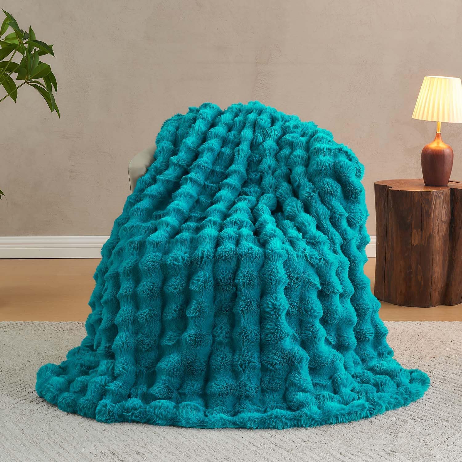 Lotus Karen Faux Fur Teal Throw Blanket for Cozy Comfort