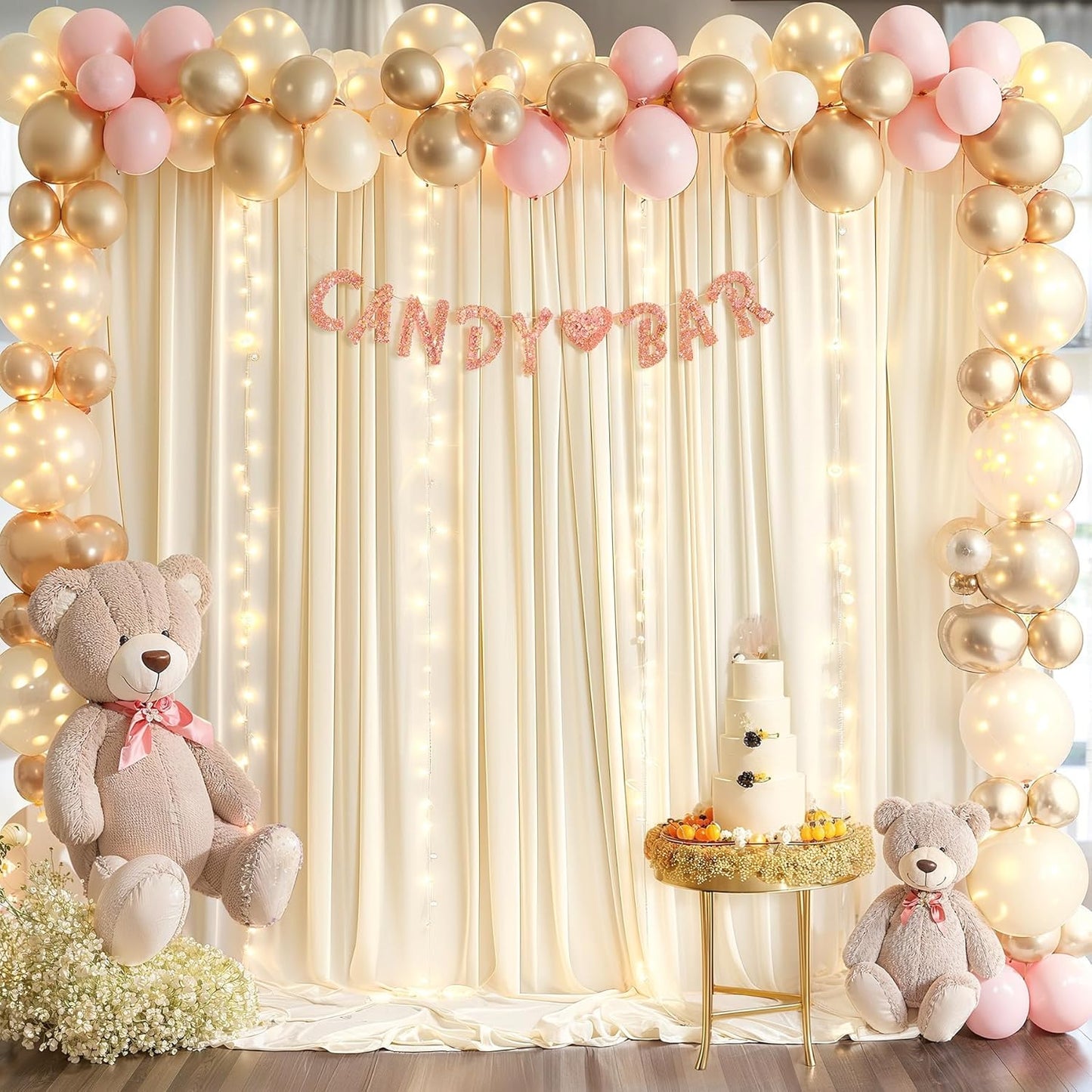Light Champagne Backdrop Curtains with String Lights for Events