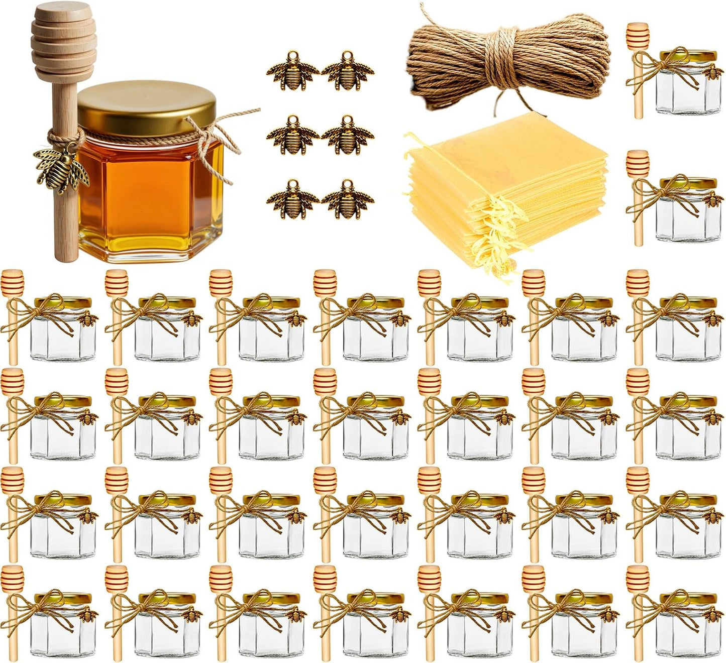 Adabocute Mini Glass Honey Pots with Dippers and Bee Charms