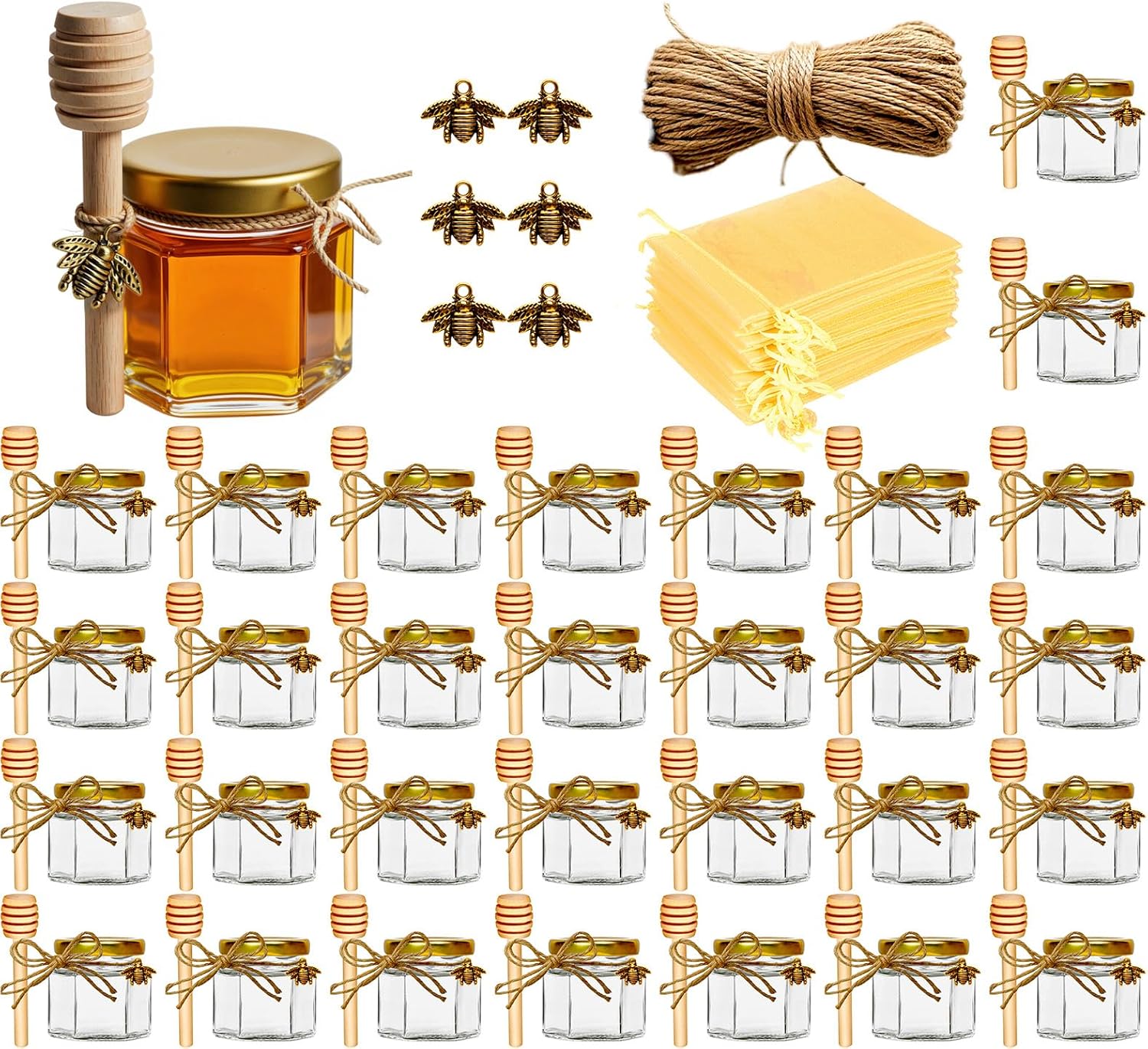 Adabocute Mini Glass Honey Pots with Dippers and Bee Charms