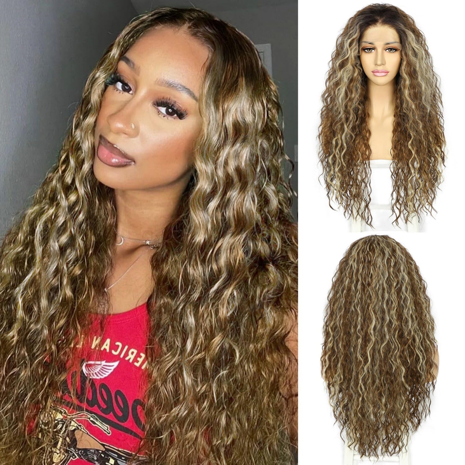 SAPPHIREWIGS Long Curly Wig with Blonde Highlights for Style