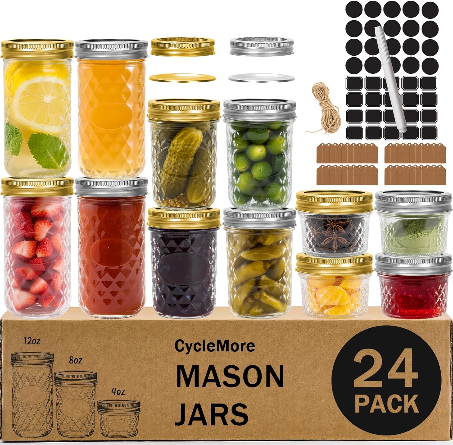 CycleMore 24 Pack Glass Mason Jars for Canning and Storage