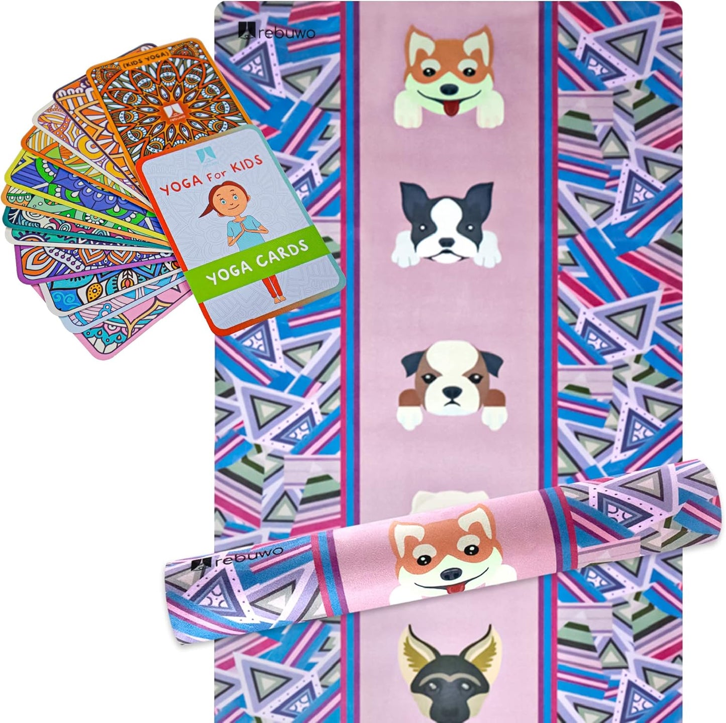 Rebuwo Kids Yoga Mat Set - Engaging Yoga Cards Included