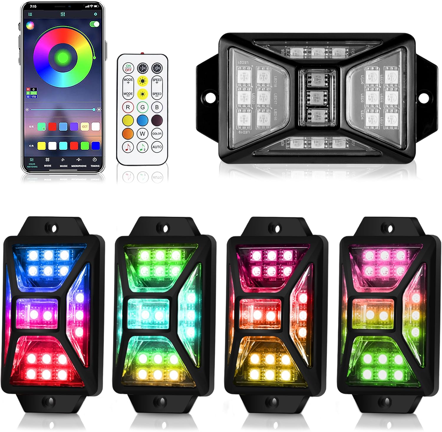 4 Pods Full Angle RGB Rock Lights for Trucks and UTVs