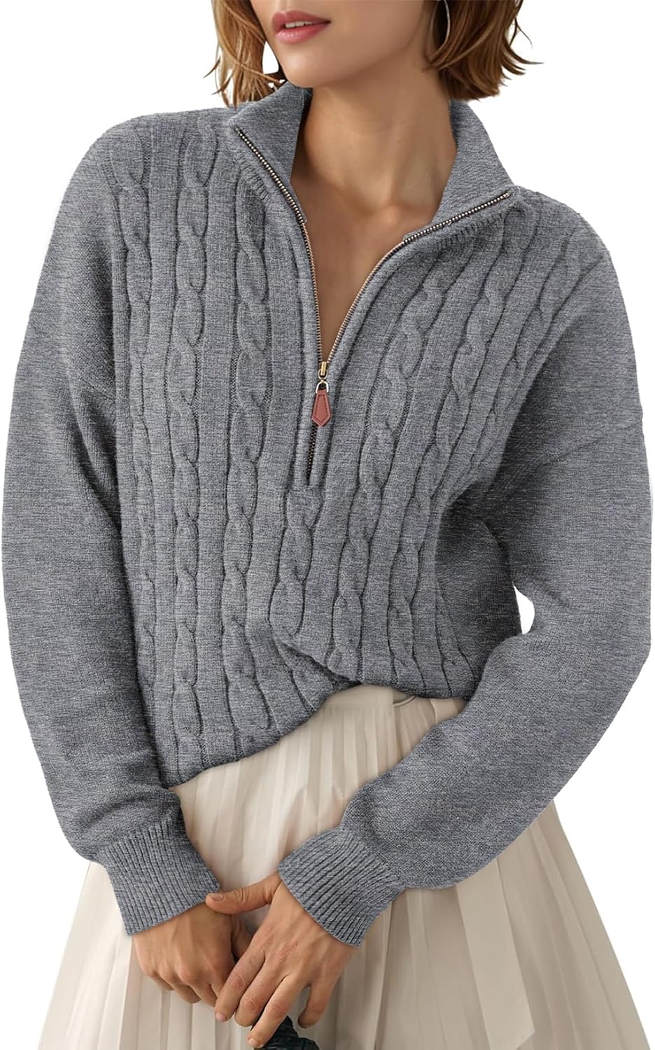 Dokotoo Women's Quarter Zip Casual Ribbed Cable Knit Pullover