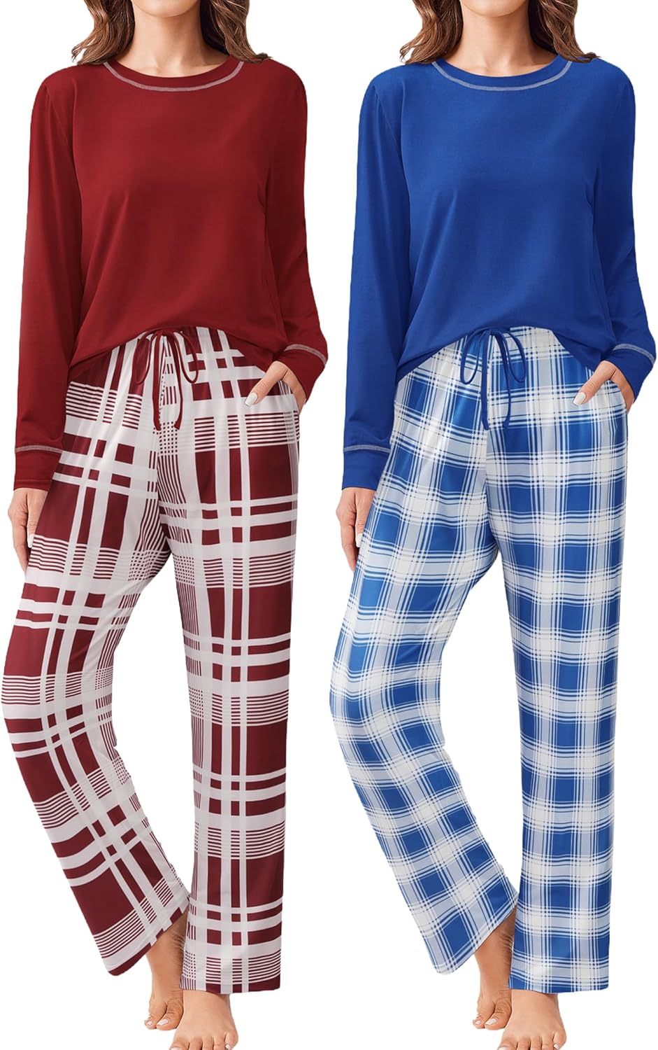 Ekouaer 2 Pack Women Pajama Long Sleeve Sleepwear for Comfort