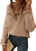 BTFBM Womens Sweaters Long Sleeve Button Down Ruffle Crew Neck - Soft