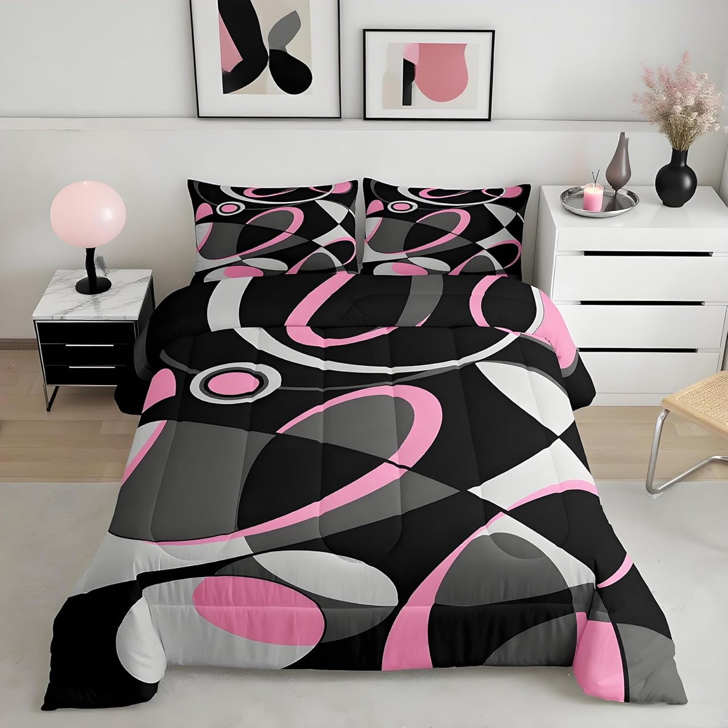 Feelyou Pink Grey and Black Comforter Set for Kids Room Decor