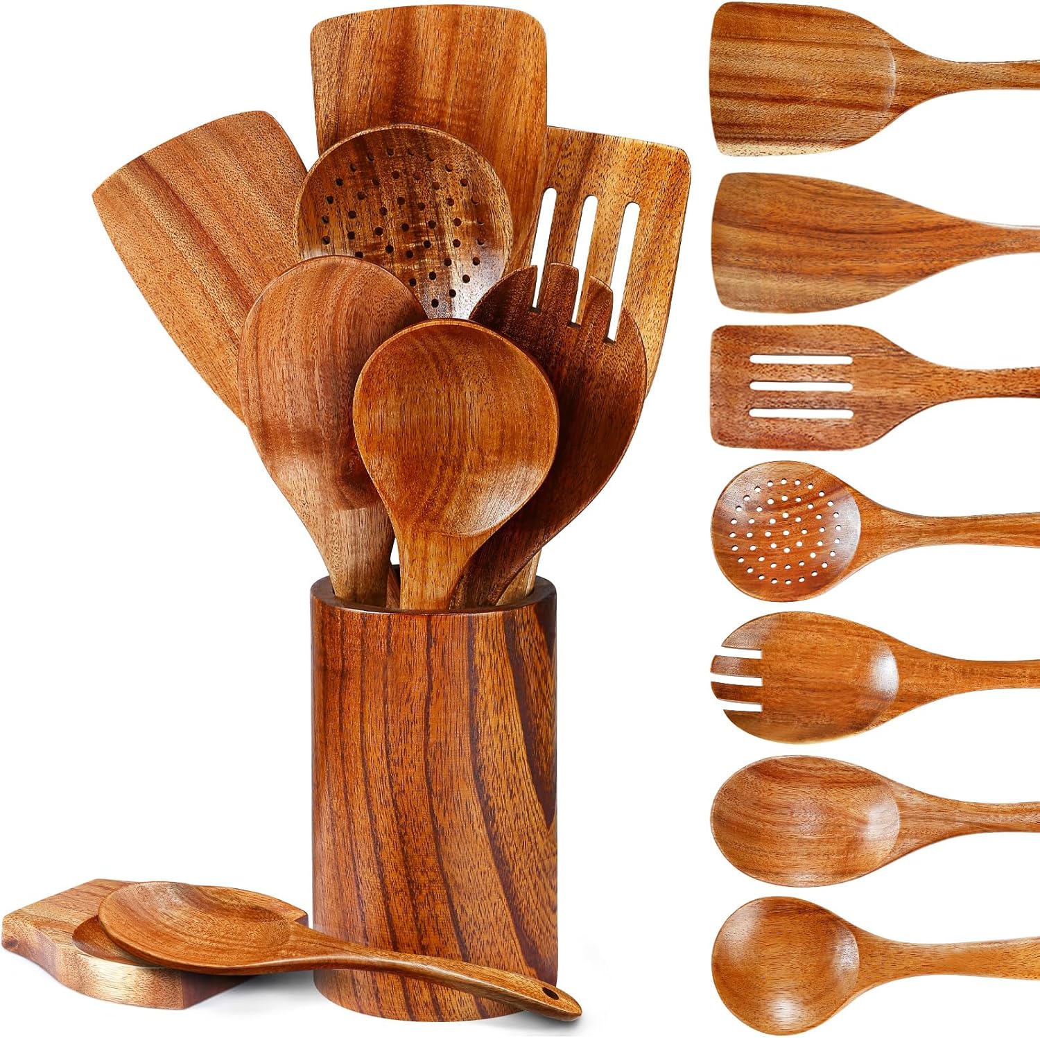 Pleafind Natural Teak Wooden Utensil Set - 9 Pcs for Cooking